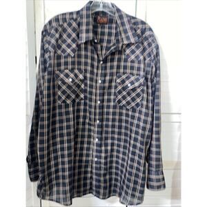 Y2K Plains Western Wear Shirt Mens XL Brown Plaid Pearl Snap Long Sleeve